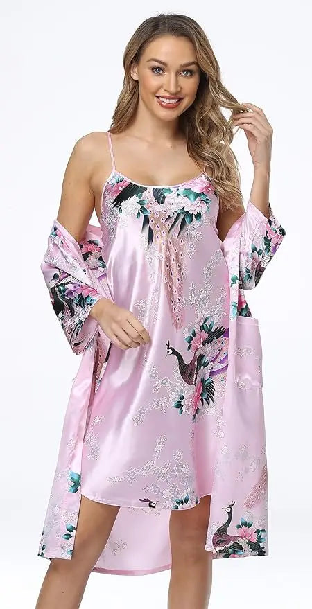 Conjunto de camisón y kimono de satén floral para mujer con camisola, ropa de dormir de 2 piezas, albornoz de pavo real