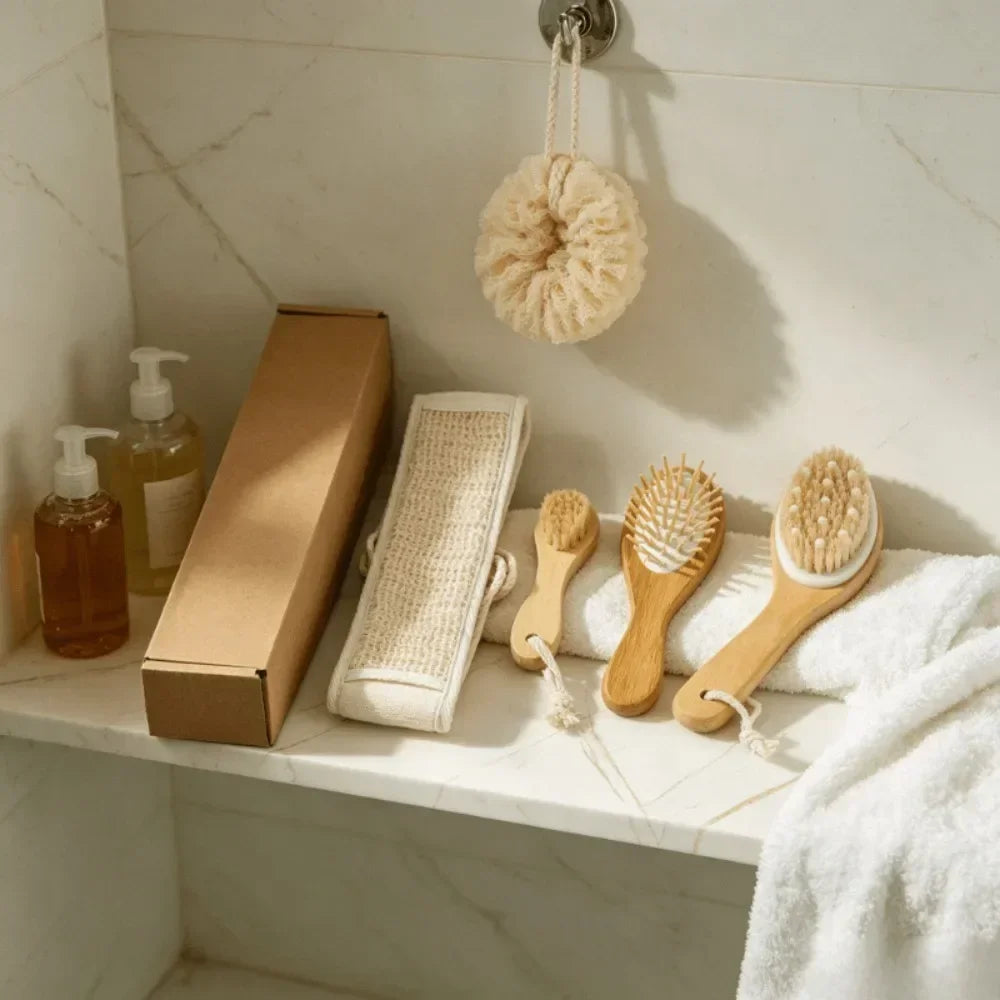 Cepillo exfoliante de bambú con mango largo y cerdas de crin de caballo, con correa para espalda, limpieza facial y masaje del cuero cabelludo