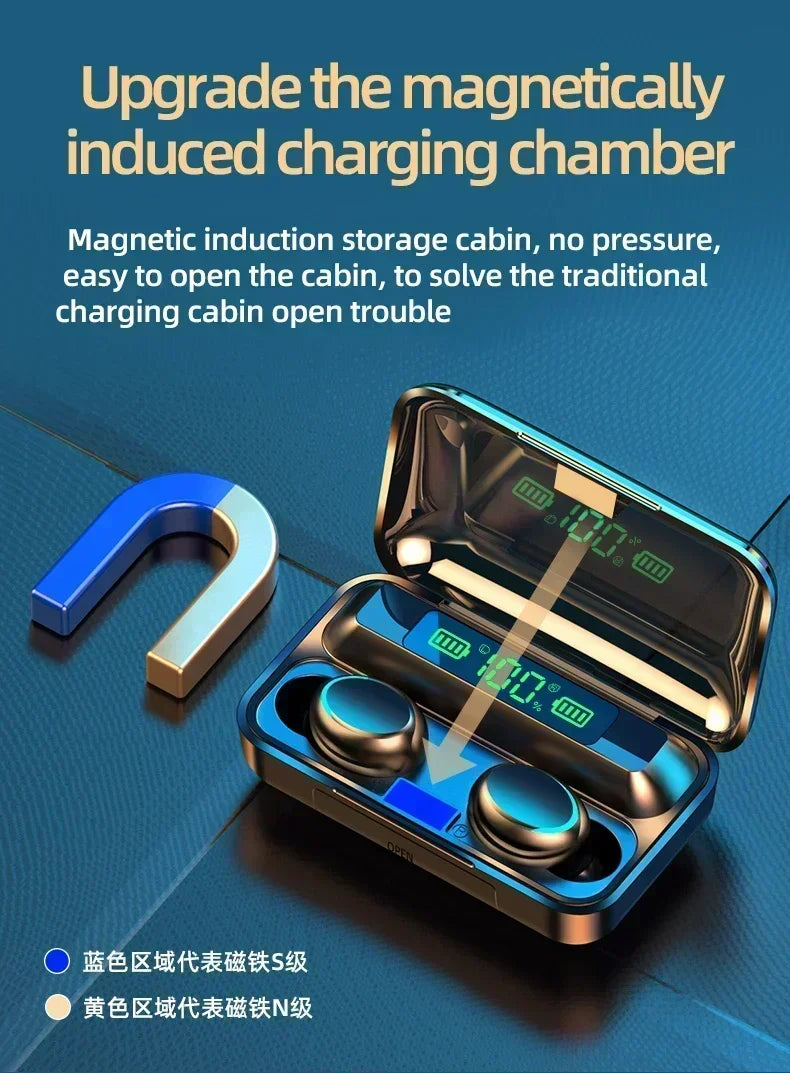Auriculares Bluetooth multifuncionales F9, manos libres, táctiles, resistentes al agua, estéreo 9D, auriculares deportivos para todos los teléfonos inteligentes