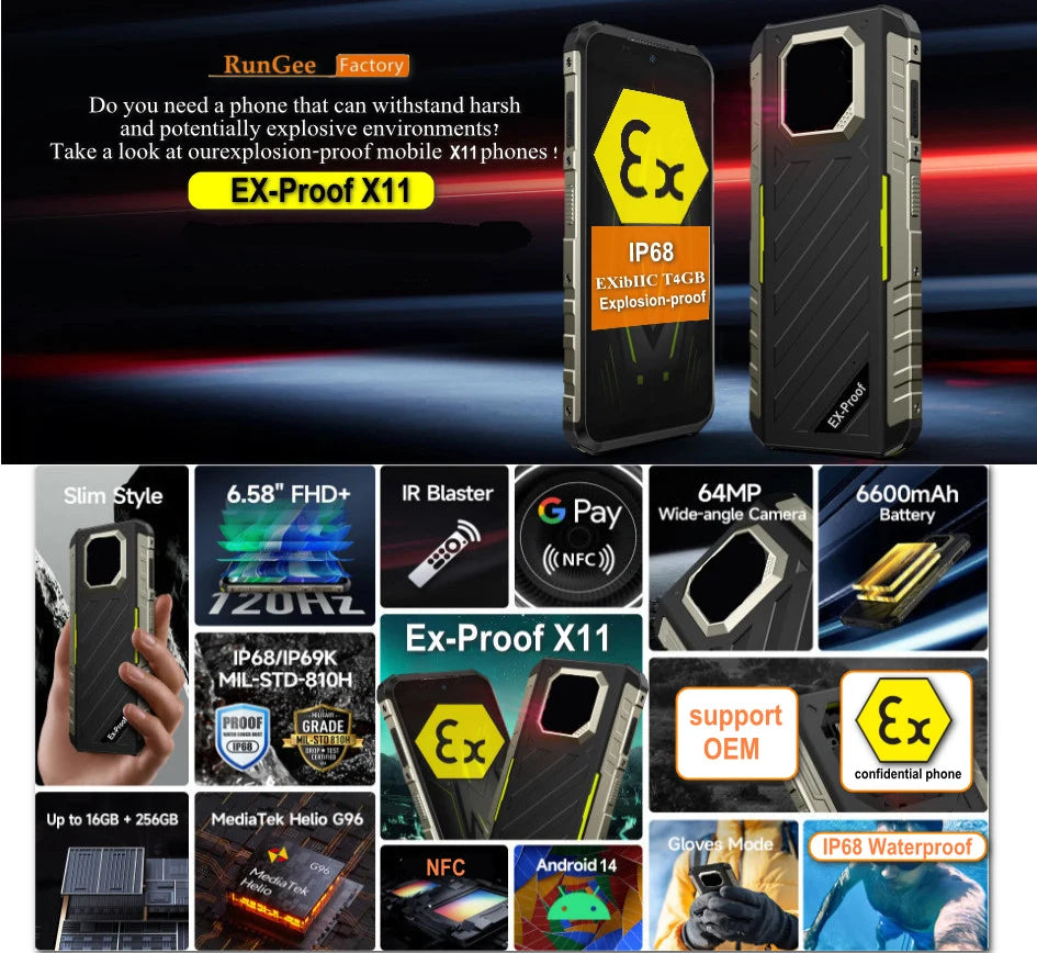 Teléfono Antiespía Sin Cámara Rungee, Android 15, 8GB RAM + 256GB ROM, Pantalla de 6.58'', Batería de 6600mAh, Huella Dactilar, NFC, Teléfono Confidencial