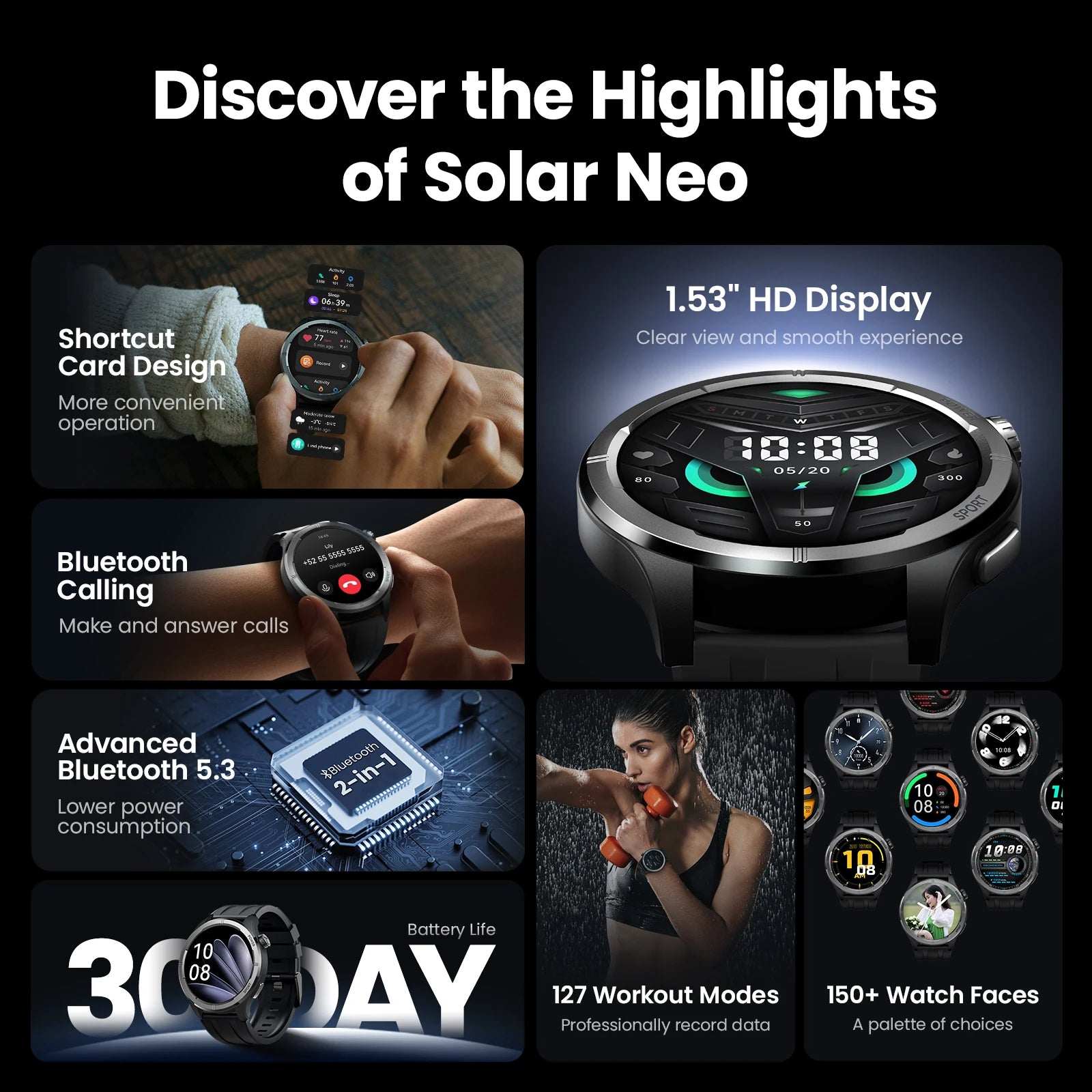 Reloj Inteligente Solar Neo con Pantalla HD, Control de Salud 24H y Llamadas