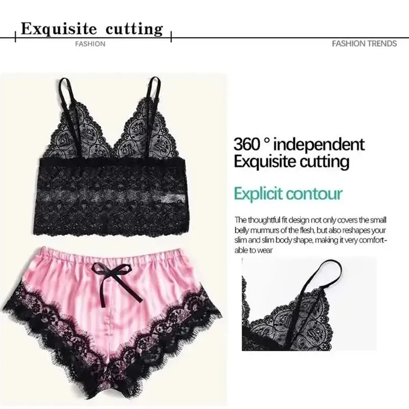 Conjunto de Pijama Sedoso con Encaje para Mujer - Camisón Sexy