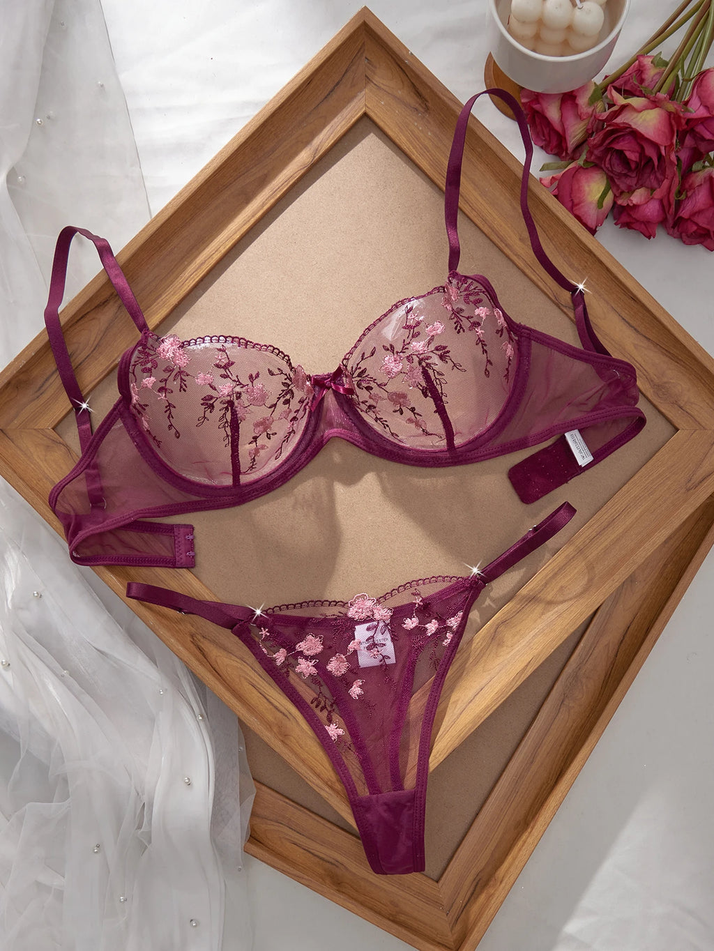 Conjunto de Sujetador y Bragas Ultrafino con Estampado Floral para Mujer