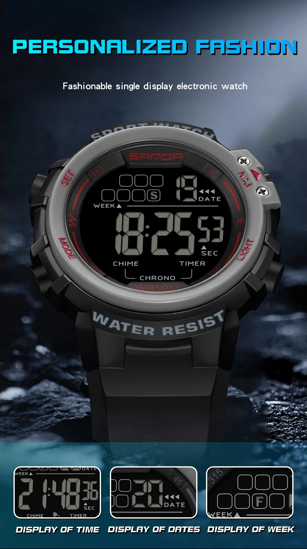 Reloj Digital SANDA 2140 Chrono para Hombre, 5 Bar Multifunción Deportivo