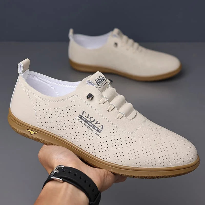 Zapatos de vestir mocásin para hombre, cuero blanco, decoración perforada