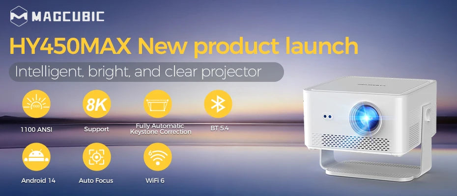 Proyector Magcubic Android 14, 900 ANSI, Enfoque Automático, 8K Nativo, 1080P, con Wifi 6, BT 5.4, HY350Max, para Películas, Uso en Exteriores, Proyección Multiángulo