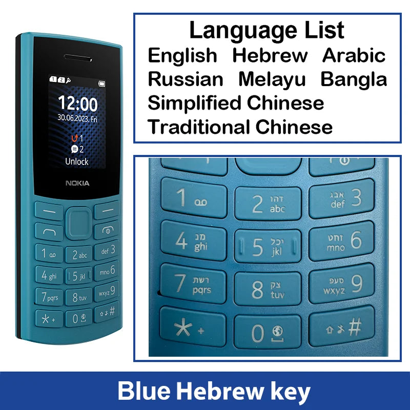 Nokia 105 4G 2023 Característica Teléfono 1450mAh Batería Radio FM Grabación de llamadas con teclado hebreo Doble SIM Bluetooth 5.0
