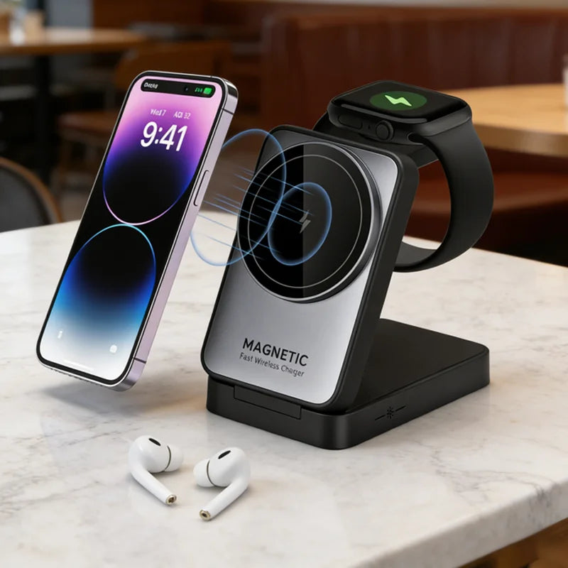 Soporte de Carga Inalámbrico Magnético 3 en 1 Plegable para Magsafe iPhone 16 15 14 13 Apple Watch 2-9 Airpods Pro, Estación de Carga Rápida