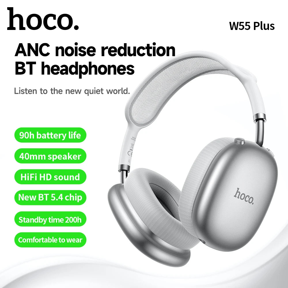 Auriculares HOCO W55 Plus con cancelación de ruido ANC, Bluetooth 5.4, inalámbricos, deportivos, supraaurales, para teléfonos inteligentes, modo AUX.