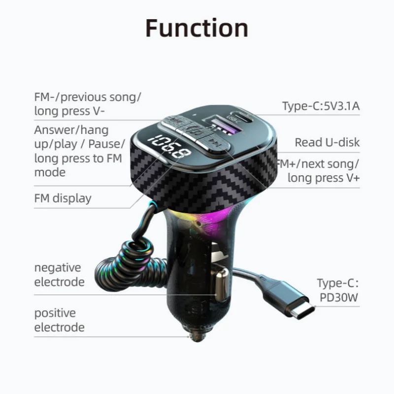 Transmisor FM Bluetooth 5.3 para Auto con Cargador USB 30W y Reproductor MP3