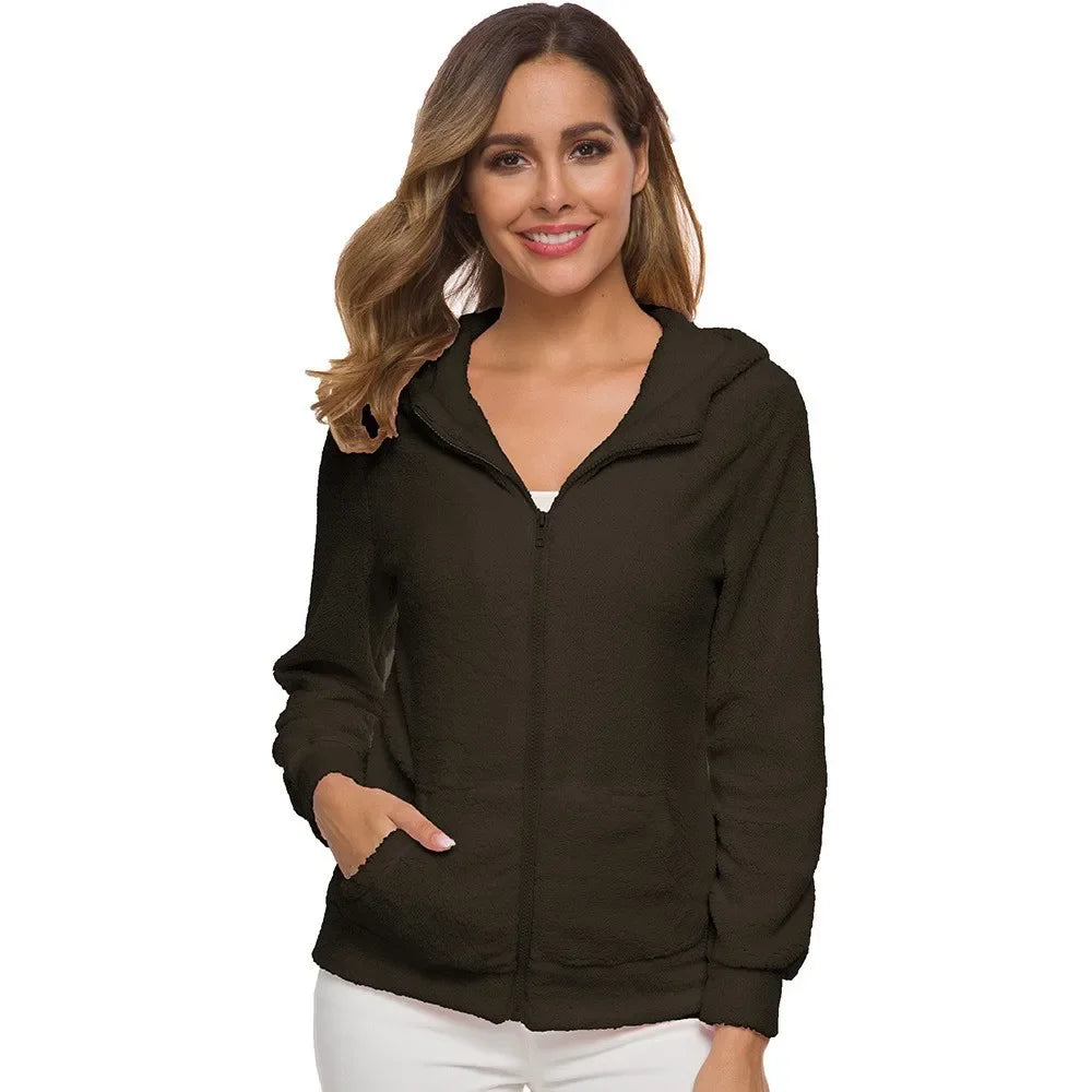 Chaqueta cálida de otoño e invierno para mujer, Sudadera con capucha informal 2025, sudaderas con capucha para mujer, sudadera con cremallera, abrigo liso de lana suave para mujer