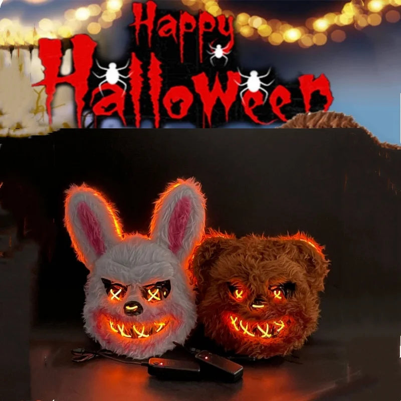 Máscara luminosa de animales con luz LED, disfraz de Halloween, fiesta de carnaval, maquillaje, máscara facial, accesorios para sombreros de piel de felpa de animales aterradores
