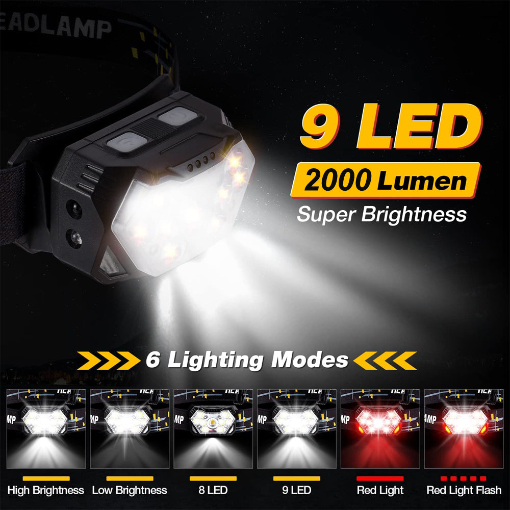 Linterna Frontal 9 LED Recargable USB con Sensor de Movimiento