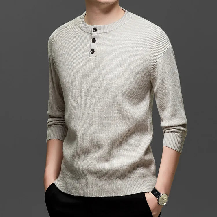 Suéter de punto Henley de peso pesado de 500 g para hombre - Beige (caqui/negro/gris/verde) Otoño Invierno esencial    Toque suave