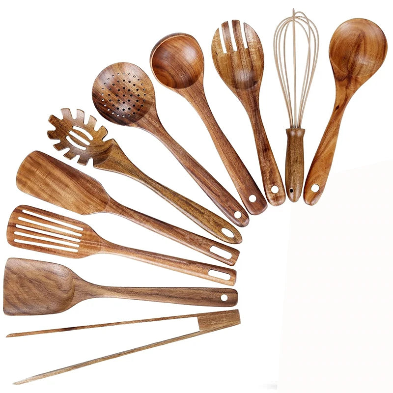 LMETJMA Paquete de 10 utensilios de cocina de madera de teca Natural, juego de utensilios de cocina con espátula y cucharas de madera para cocinar y hornear JT503