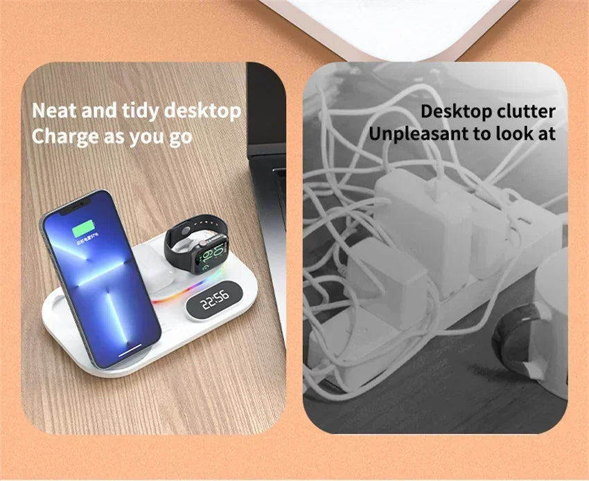Base de Carga Inalámbrica 4 en 1, Estación de Carga Rápida de 15W para iPhone 12-17, Samsung Galaxy Watch, iWatch, Auriculares Xiaomi