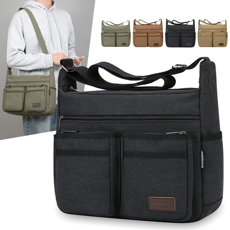 Bolso cruzado informal de negocios neutro: correas ajustables para los hombros, múltiples compartimentos con cremallera, paño de poliéster negro duradero