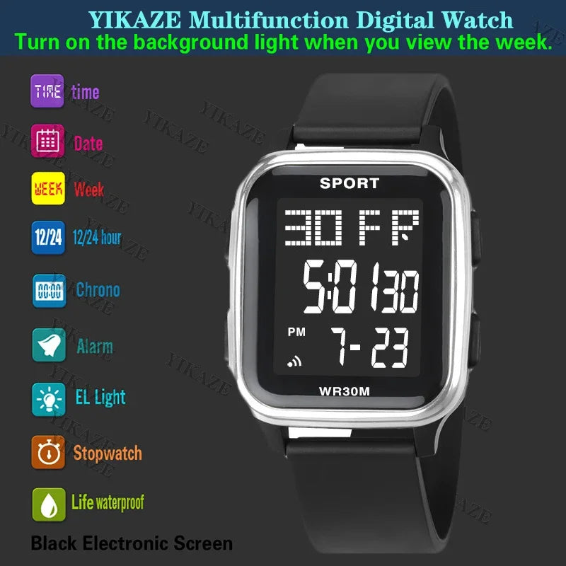 Reloj deportivo YIKAZE para hombre, reloj electrónico multifunción resistente al agua, reloj de pulsera Digital LED ultrafino para hombre y estudiante