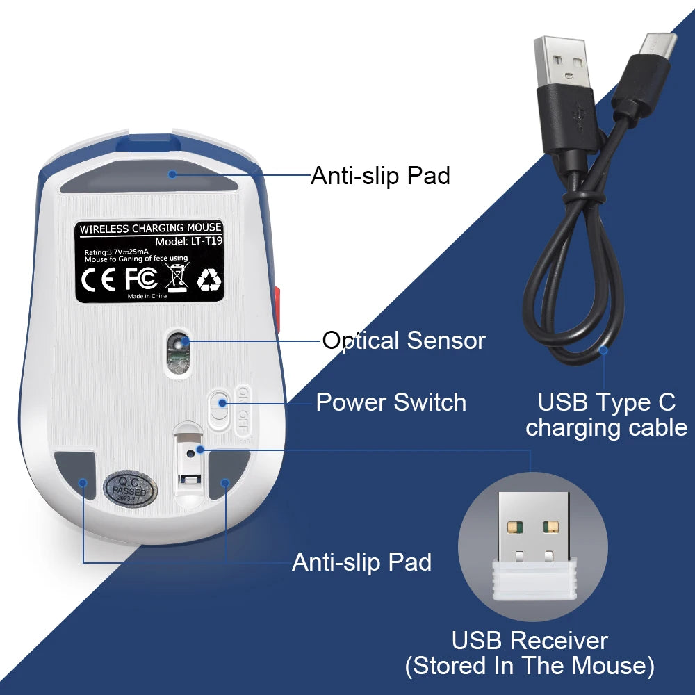 Ratón ergonómico recargable para juegos LT-T19, USB 2,4G, luz RGB inalámbrica, ordenadores de escritorio, portátiles y portátiles