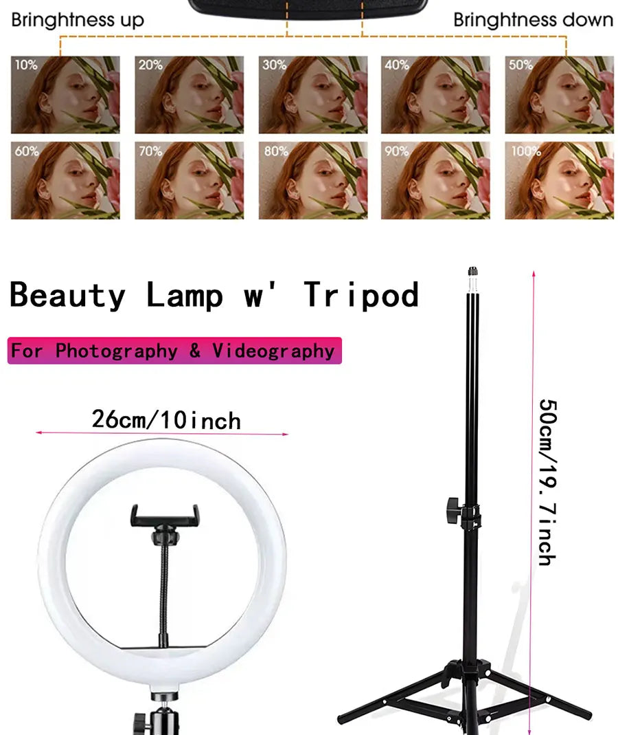 Lámpara de Belleza MYOBO de 10 Pulgadas y Kit de Trípode Plegable de 55 cm, Anillo de Luz LED Regulable para Fotografía/Vlogging/Transmisión en Vivo/Maquillaje/YouTube