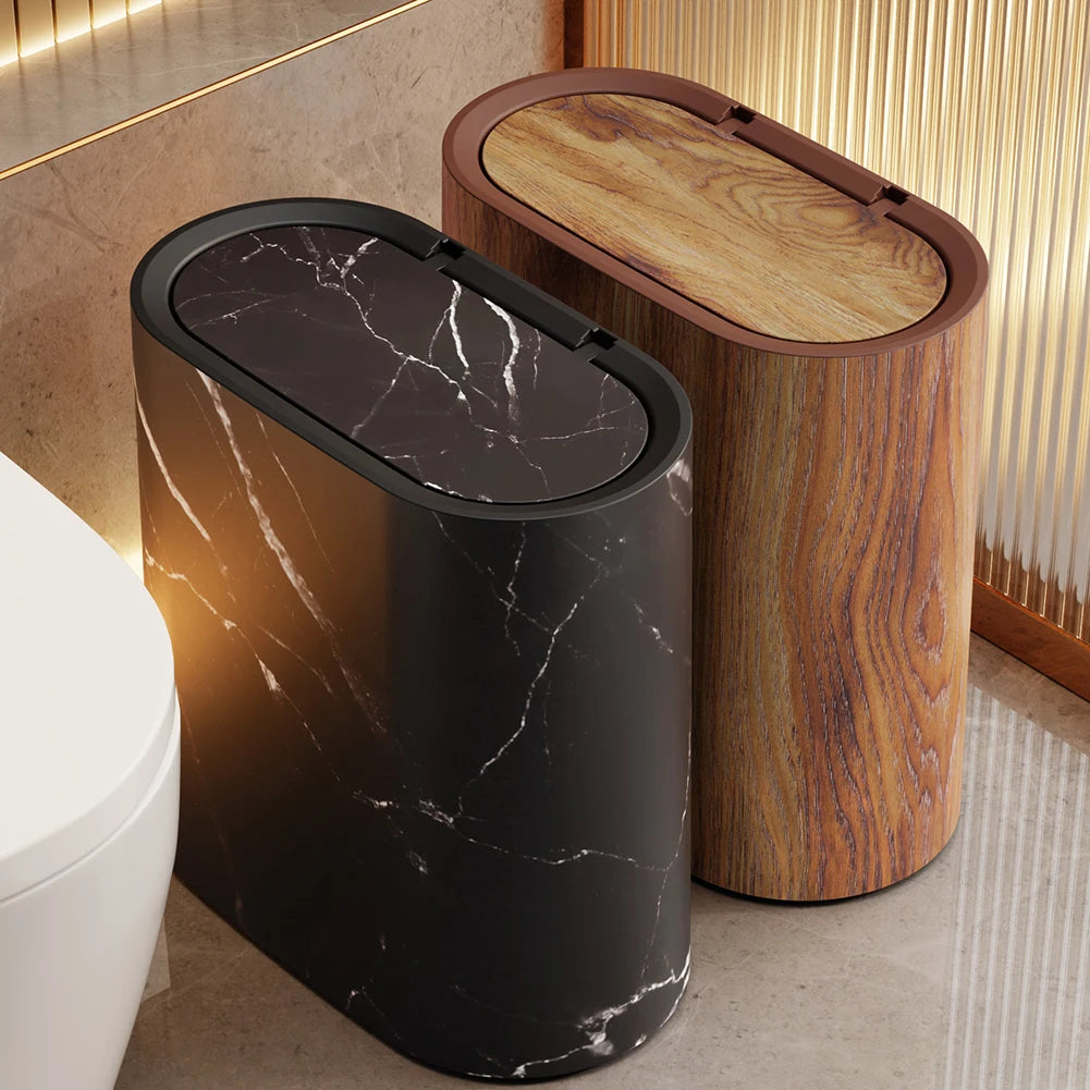 Cubo de basura delgado con tapa para baño y cocina, diseño mármol y madera