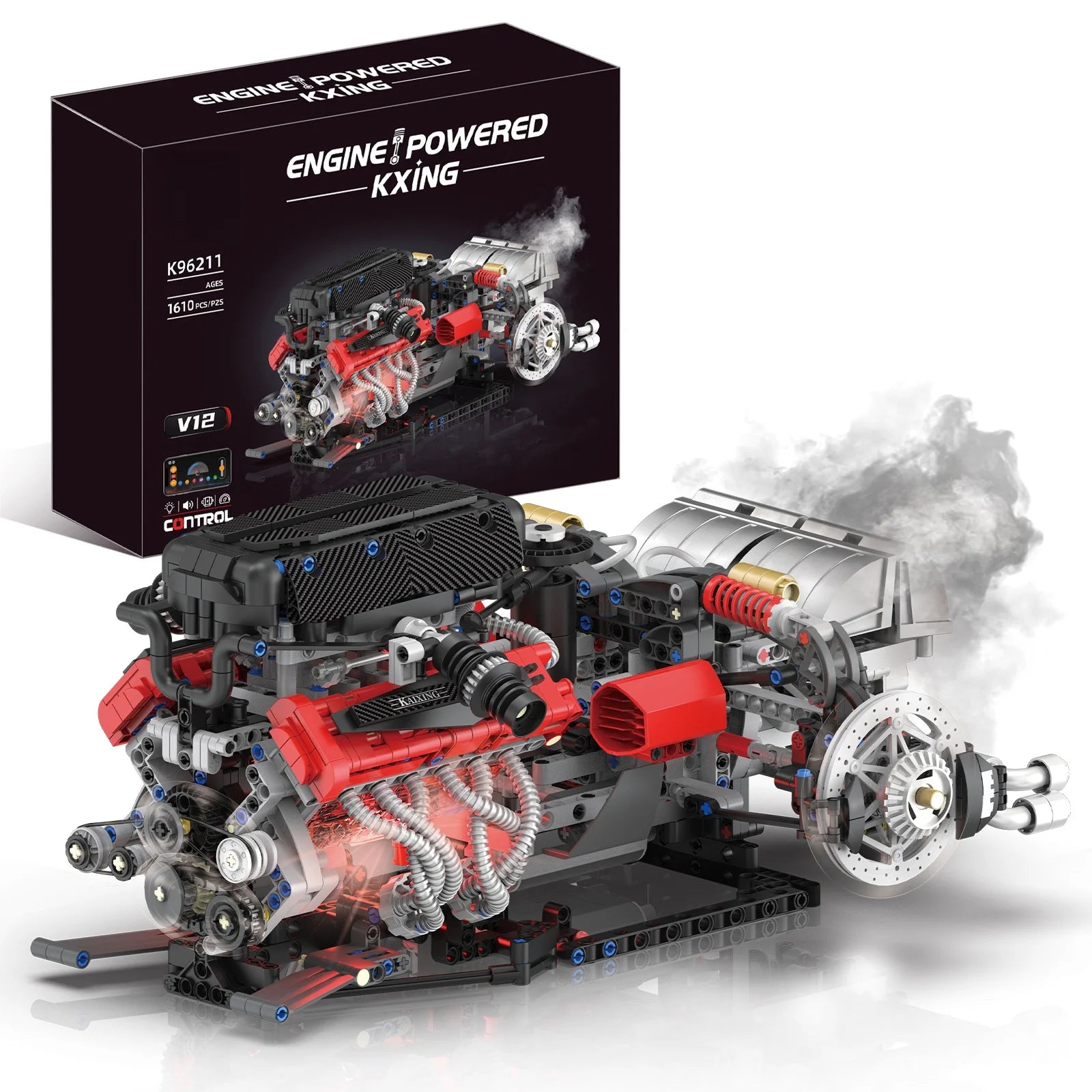 Juego de modelos de ensamblaje de bloques de construcción de motor V12 de 1610 Uds.-Kit MOC programable con control remoto por aplicación con luces y pulverización