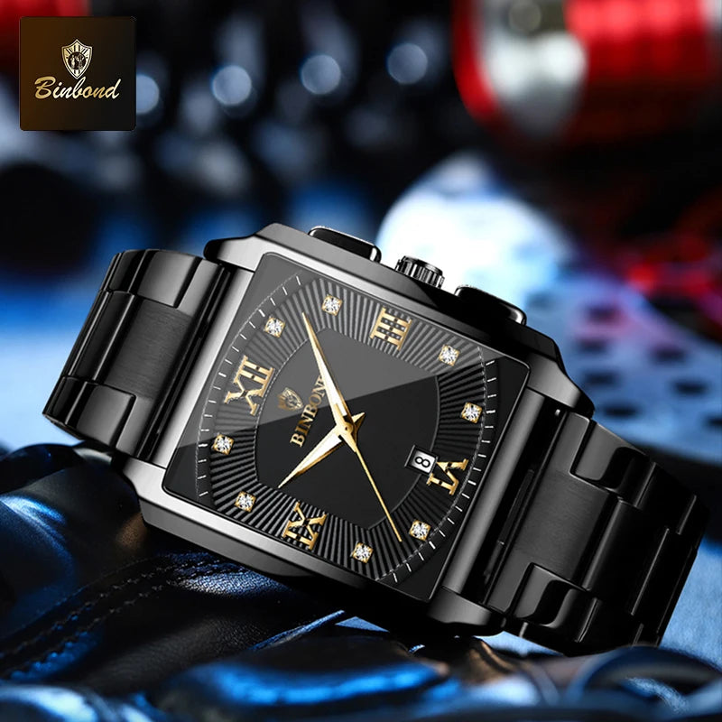 Reloj de Cuarzo Analógico de Lujo BINBOND para Hombre Esfera Cuadrada