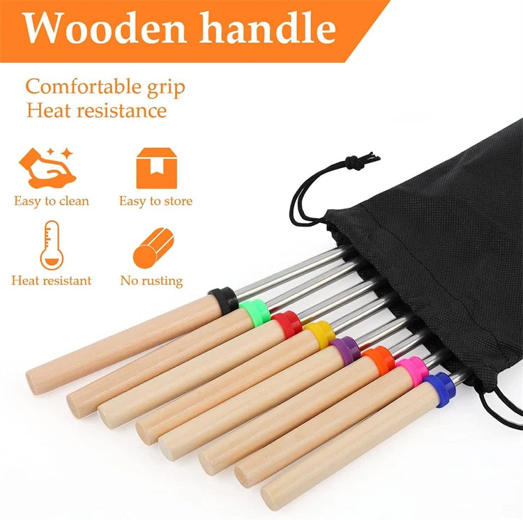 LMETJMA 8 Uds. Brochetas para barbacoa, palitos extensibles para asar malvavisco, brochetas telescópicas para barbacoa de acero inoxidable KC0467