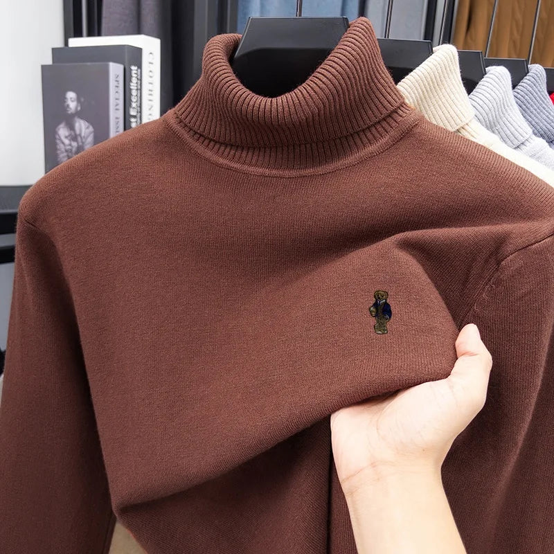 Suéter de Punto de Manga Larga para Hombre, Diseño de Alta Gama, Estampado de Oso, Cuello Alto, Estilo Informal, Versátil, Cálido y Moderno