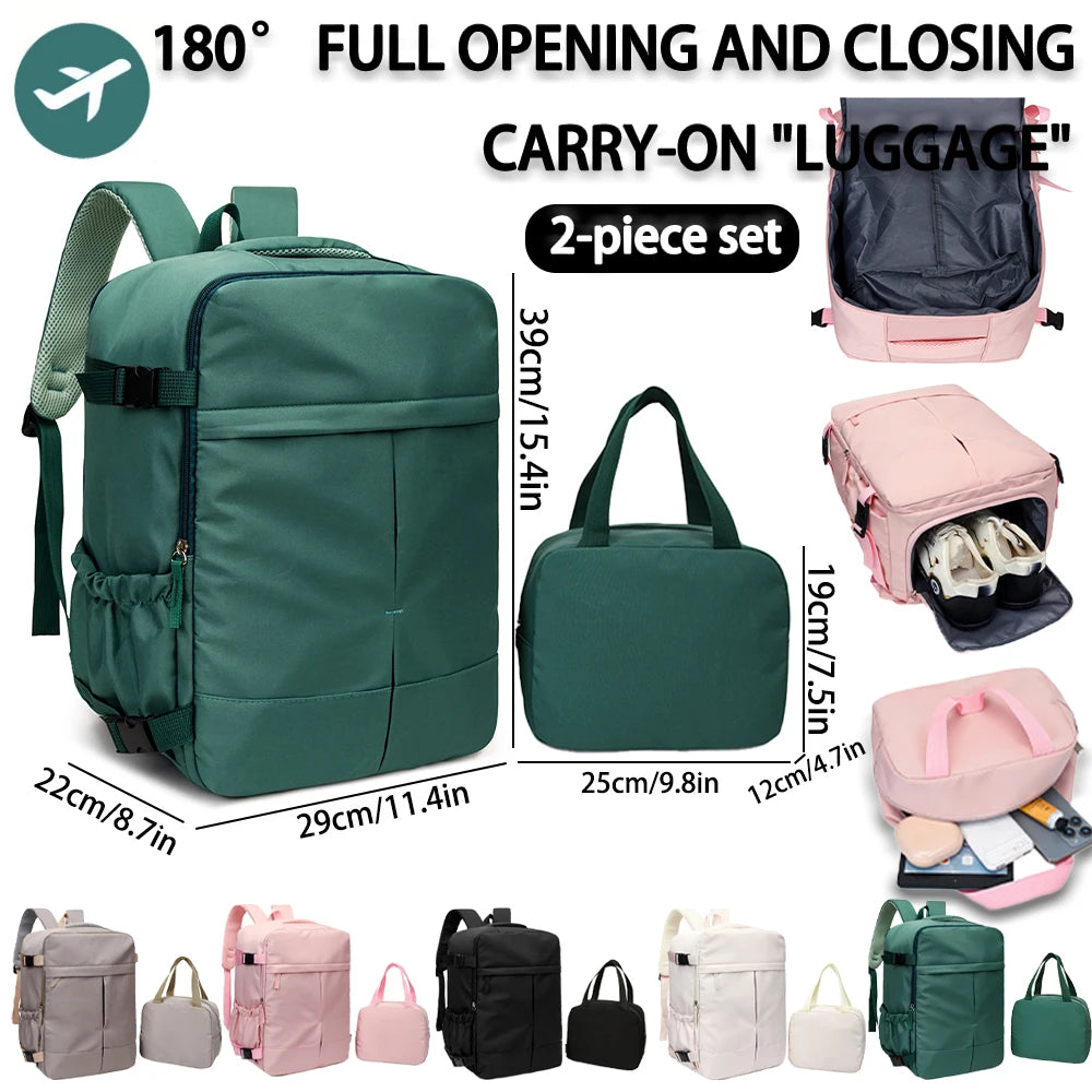2 Piezas 180 °     Conjunto de Mochila y Bolso Tote de Apertura Total, Equipaje de Mano de Gran Capacidad Aprobado por Aerolíneas para Viajes y Uso Diario