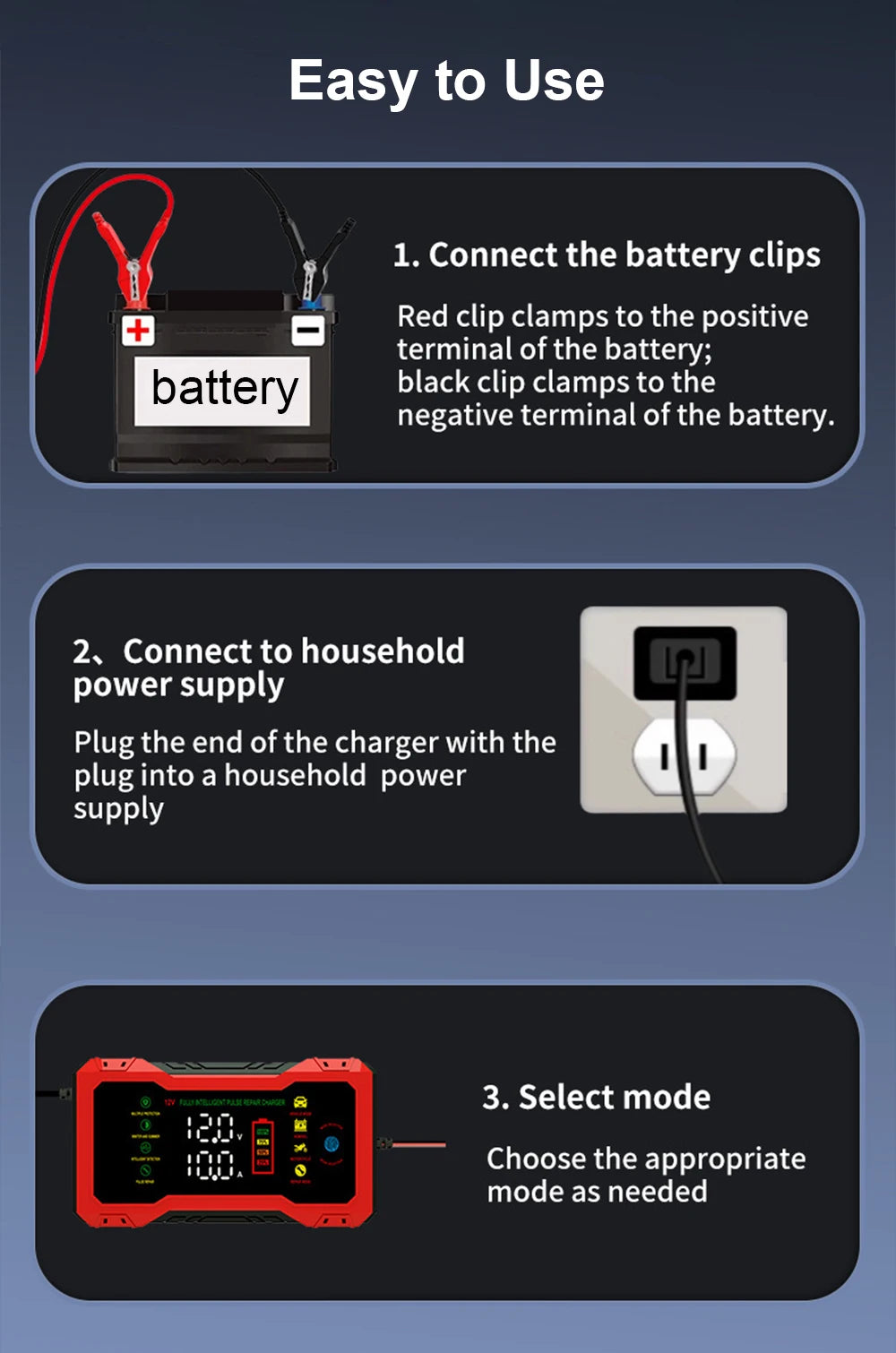 Cargador de batería inteligente para auto 12V 10A con reparación por pulsos