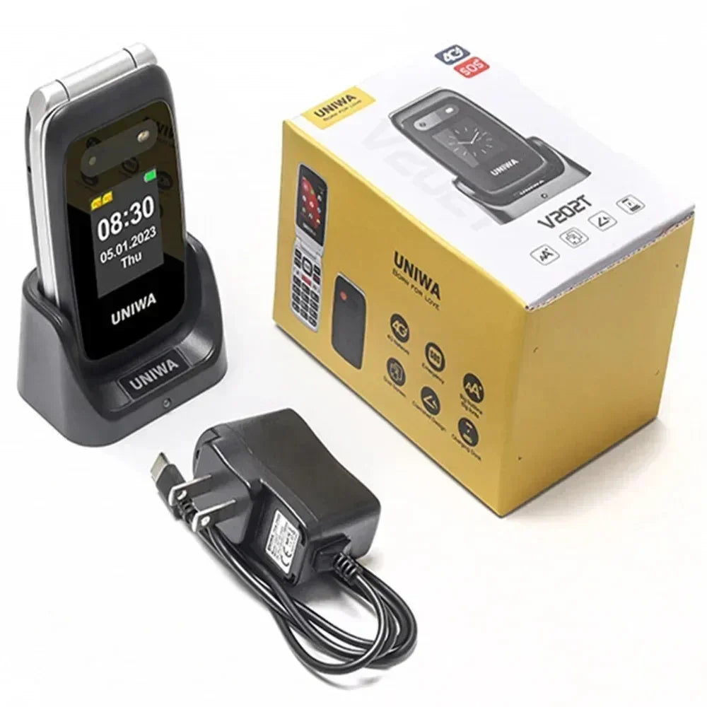 UNIWA V202T teléfono abatible pantalla Dual botón grande tarjetas SIM duales red 4G soporte para teléfono móvil base de carga para personas mayores
