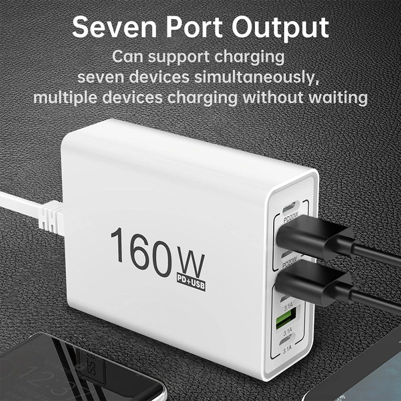 Cargador Rápido 160W 7 Puertos USB y USB-C, QC3.0, Pared Universal