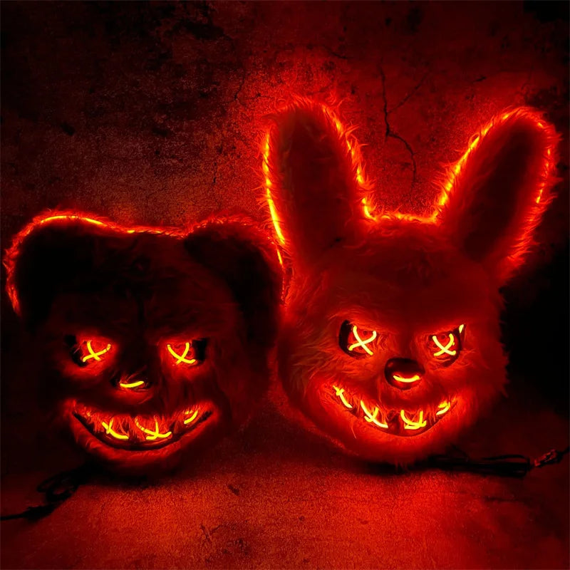 Máscara LED brillante de conejo sangriento para cosplay, disfraz de Halloween, aterrador disfraz de asesino, máscara de oso sangriento, accesorio de disfraz de terror para carnaval y mascarada.