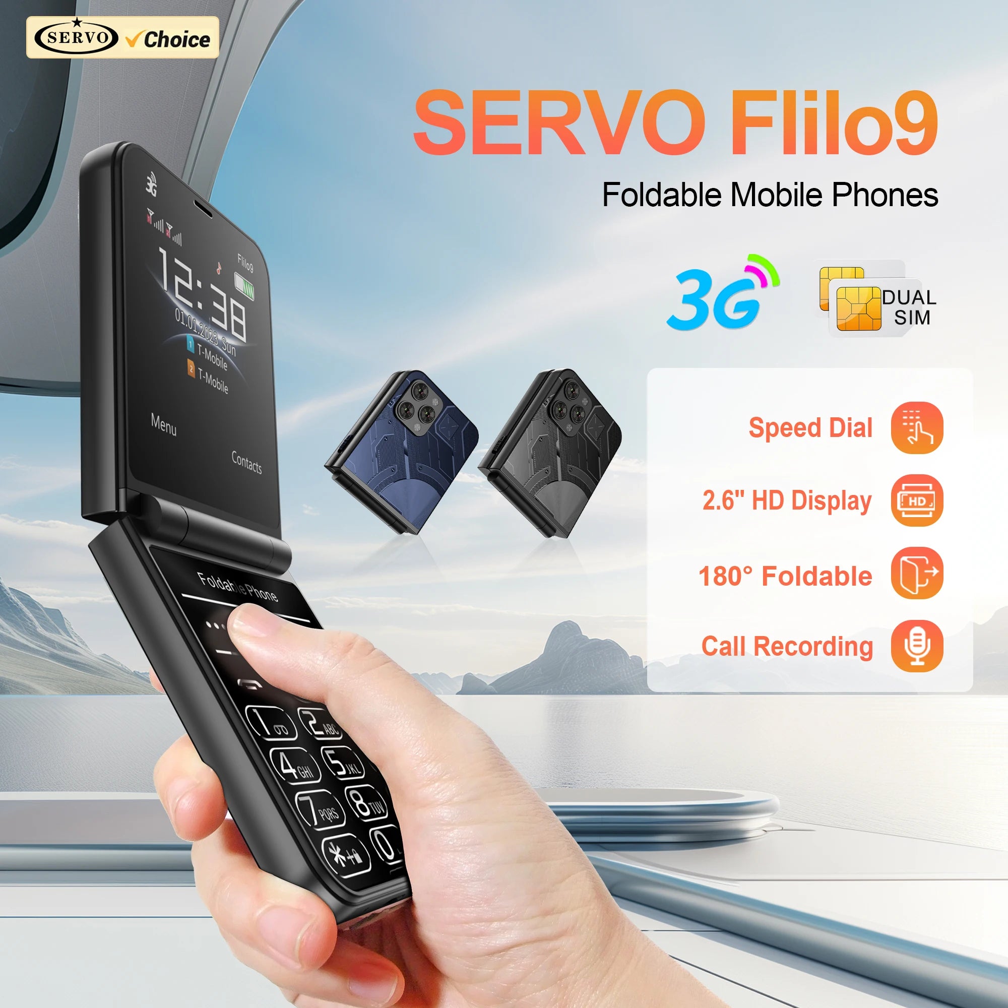 SERVO Flilo9 Teléfono Plegable 3G Doble SIM con Grabación y Radio FM