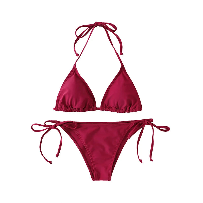 Conjunto de Bikini con Tanga para mujer, traje de baño Sexy con cordones laterales, traje de baño con lazo en el cuello, ropa interior de Bikini de estilo brasileño ajustable