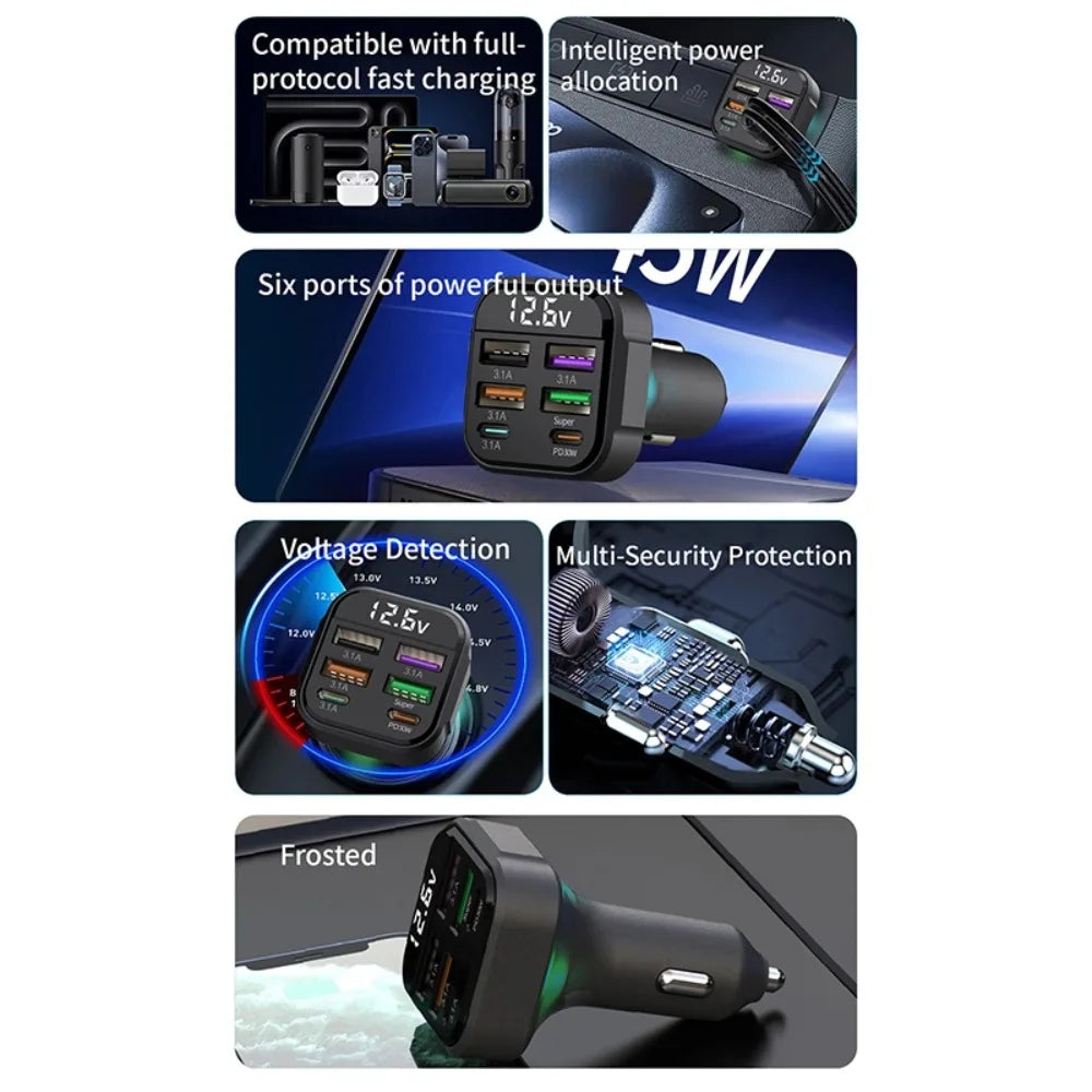 Cargador de Auto 6 Puertos USB con PD30W y QC3.0 Pantalla LED