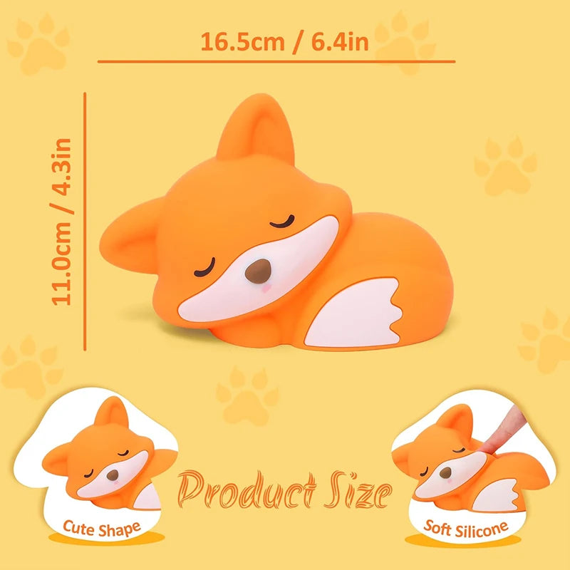 Luz nocturna de zorro, lindos regalos de luz nocturna de silicona para niños, luces de animales con control táctil, temporizador y recargable por USB