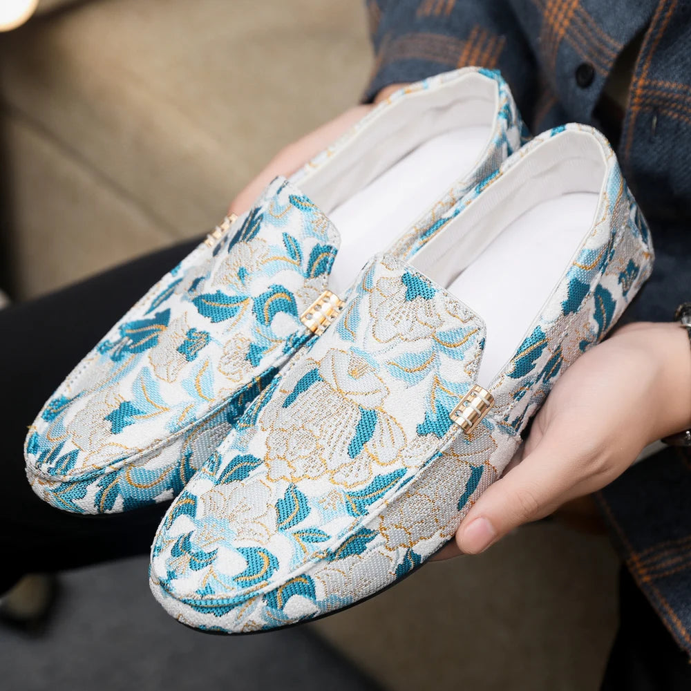 Zapatos Casuales Florales para Hombre | Estilo Mocasín Azul y Blanco