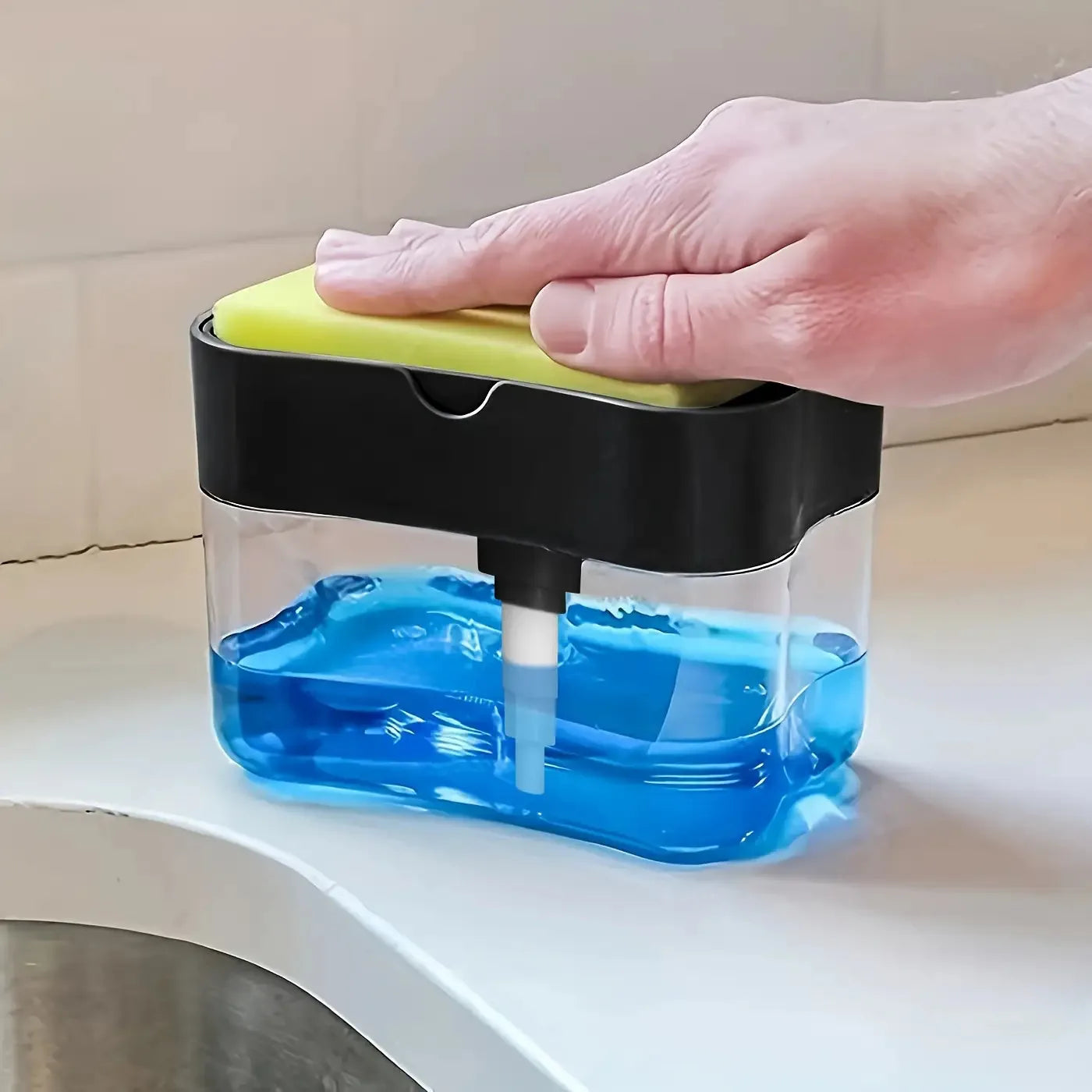 Dispensador de jabón para lavavajillas con estante de esponja, operación manual, prensa de líquido para lavavajillas, adecuado para fregadero de cocina