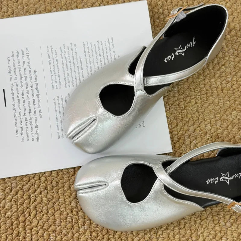 Zapatos Planos de Mujer con Punta Dividida, Estilo Mary Jane, Minimalistas, con Tira Cruzada, de Cuero PU Liso, Zapatos de Ballet, Estilo Francés Chic, Casuales, para Caminar