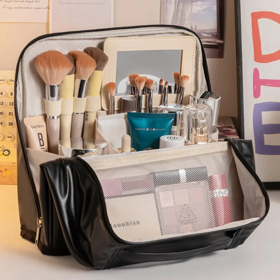 Bolsa de Maquillaje de Viaje para Mujer, Gran Capacidad, Impermeable, Organizador de Cosméticos con Abertura Amplia, Soporte para Brochas Independiente, Fácil Acceso