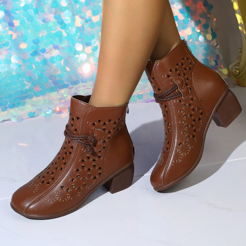 NOVEDAD DE VERANO 2025, botines de tacón medio con suela suave y agujeros a la moda para mujer, zapatos cómodos transpirables Retro