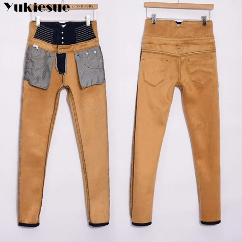Pantalones Vaqueros Cálidos de Lana para Mujer, Cintura Alta con Forro de Terciopelo