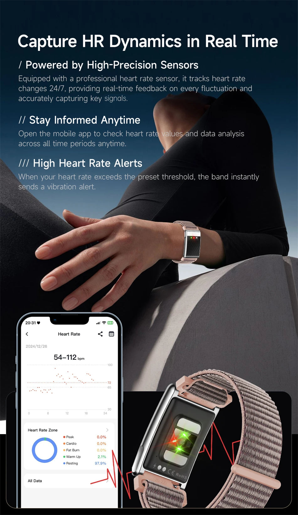 Pulsera inteligente ECG con monitor de salud, frecuencia cardíaca y ácido úrico, IP68