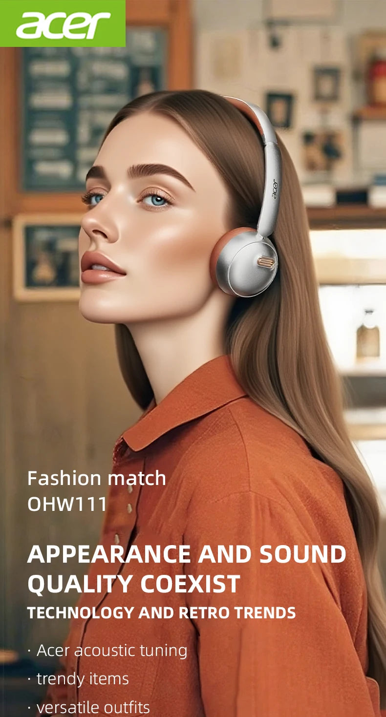Auriculares Bluetooth Acer OHW111, Estilo Retro, Inalámbricos, Bluetooth 5.4, HIFI Estéreo, para Gamers, 70 Horas de Reproducción