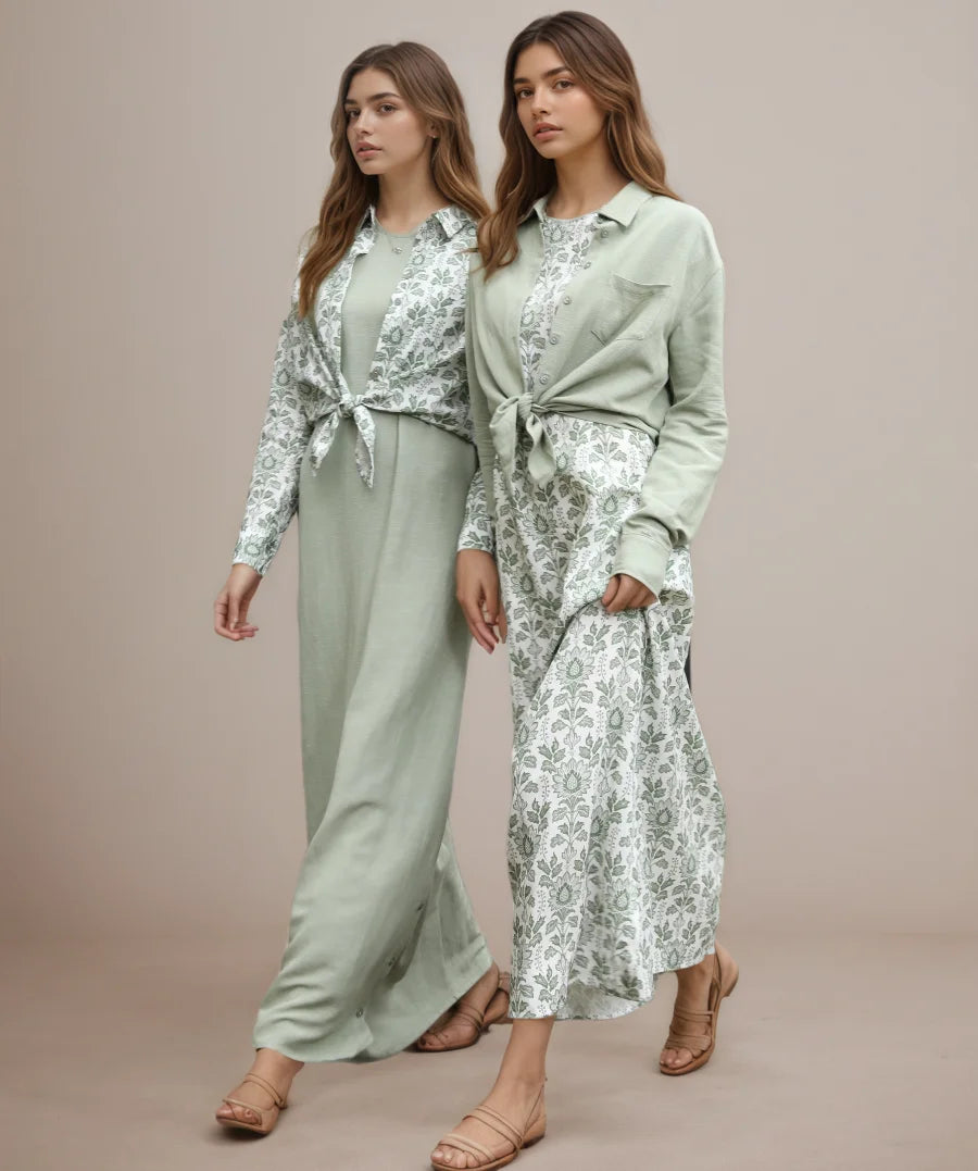 Conjunto de camisa y vestido de lino y algodón para mujer, estampado de moda con bolsillo, colección de vestidos de alta calidad, conjunto elegante de 2 piezas para otoño