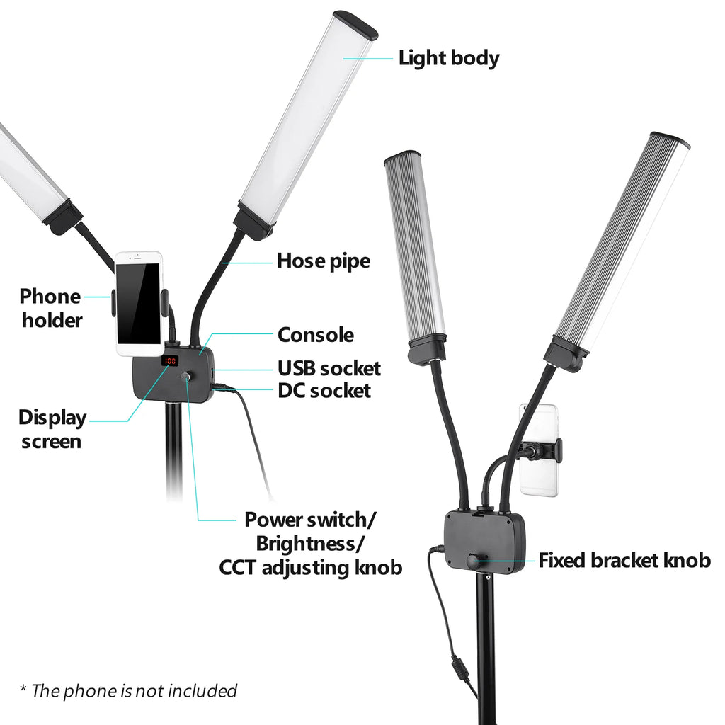 3 Modos de Iluminación con Soporte para Teléfono, Brazos Dobles Flexibles, Luz de Relleno LED Bicolor, Luz de Video LED Regulable para Transmisión en Vivo