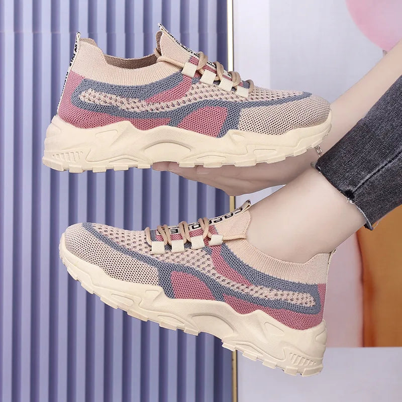 Zapatillas gruesas 2025, zapatos informales para mujer, zapatos deportivos transpirables de malla de aire para primavera y otoño, zapatos para correr de suela blanda para mujer