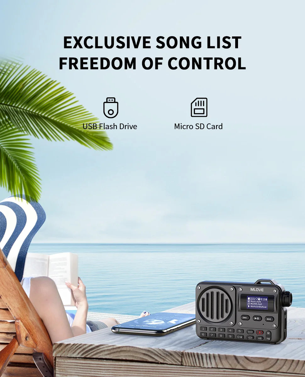 MLOVE BV800 Altavoz Bluetooth súper portátil con radio FM, pantalla LCD, antena, entrada auxiliar, disco USB, tarjeta TF, reproductor de MP3